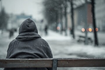 Homeless person wrapped in blanket sitting alone on bench during snowfall in cold winter city, highlighting urban poverty and social isolation

