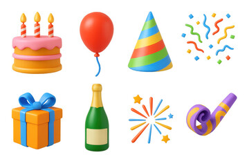Colorful 3d birthday celebration icons with cake, balloon, and party hat