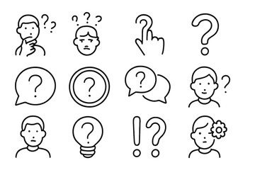 Thoughtful characters expressing confusion, curiosity, and surprise with simple line art illustrations