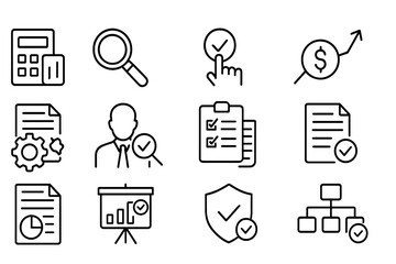 Icons representing various financial and analytical activities displayed in a simple, monochrome design
