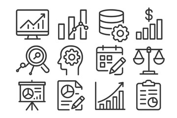 Various business and data analysis icons illustrating metrics, planning, and reporting tools for effective decision making