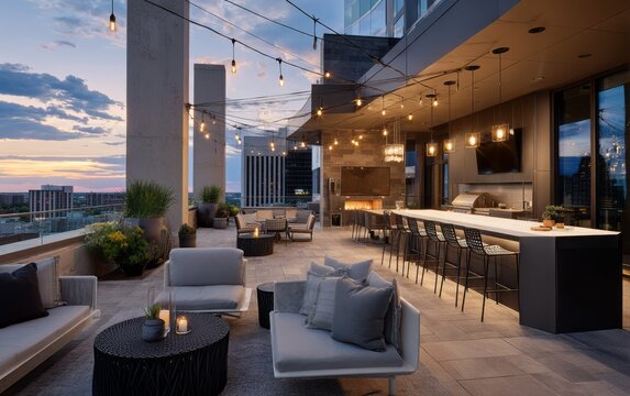 Rooftop patio with modern furniture and outdoor kitchen.