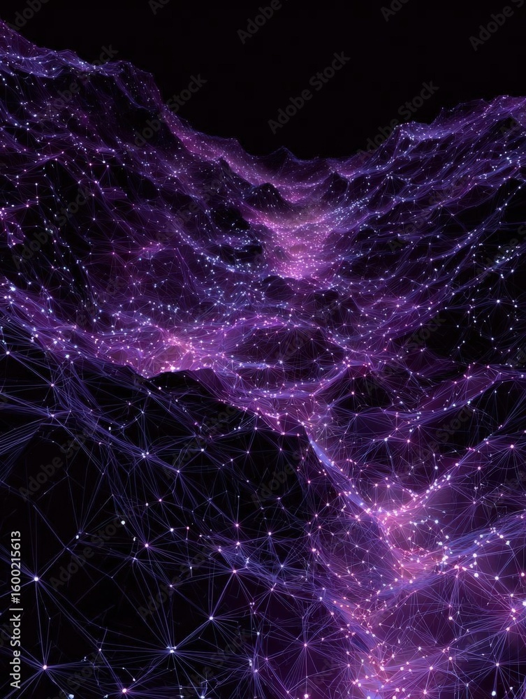 Poster abstract digital art piece that appears to be made up of a series of interconnected lines and dots i