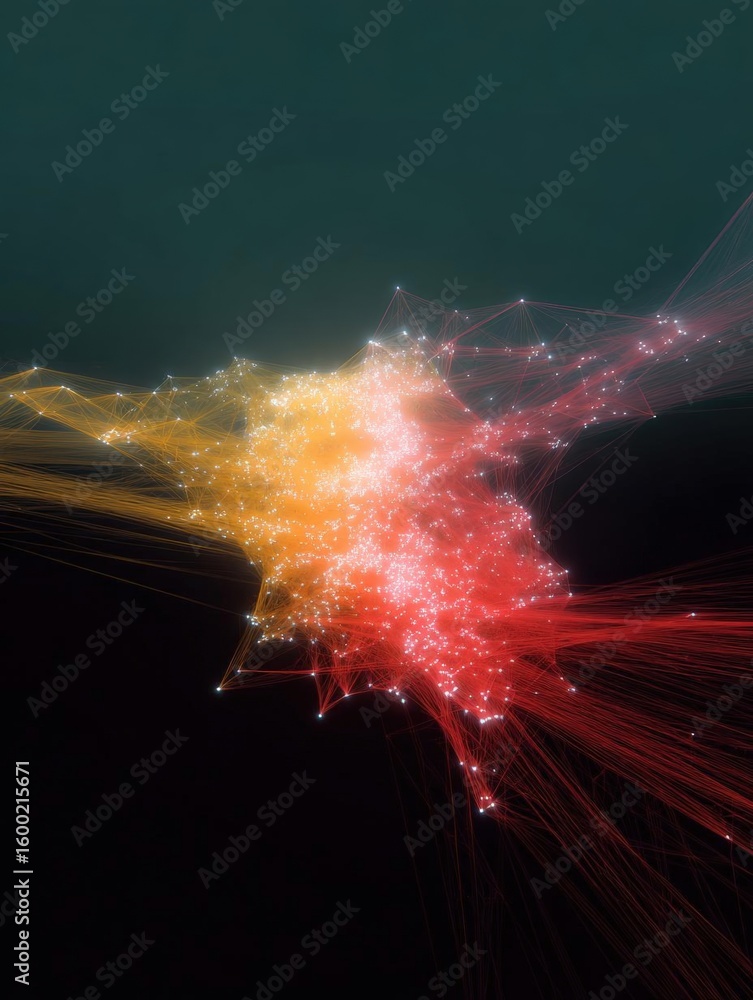 Poster abstract digital art piece that appears to be made up of a cluster of interconnected lines and dots.