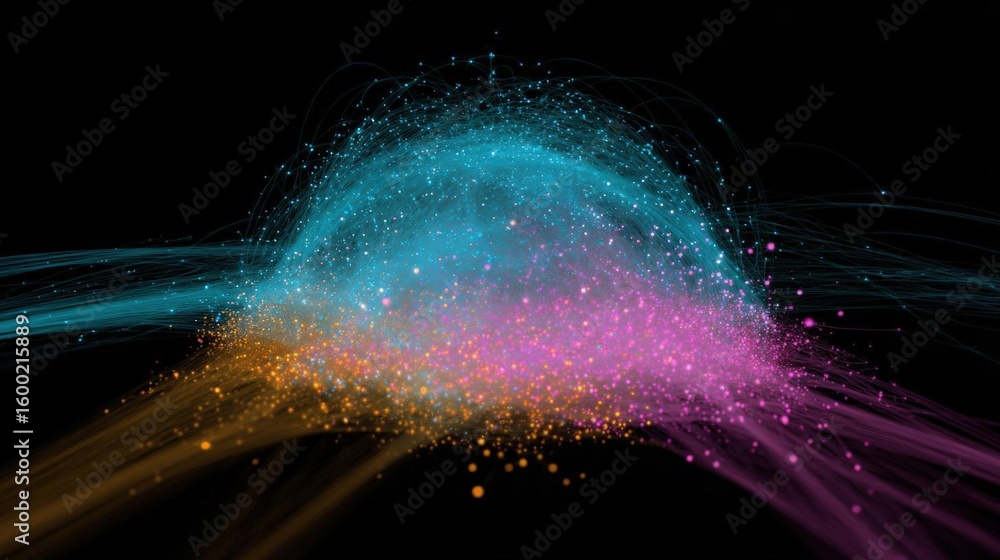 Poster abstract digital art piece that appears to be a burst of colorful particles and lines. the backgroun