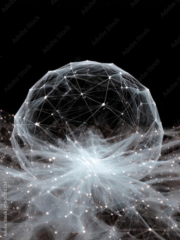 Poster digital art piece that appears to be a sphere made up of interconnected lines and dots. the sphere i