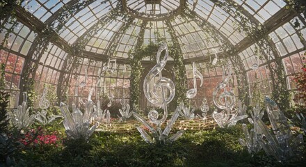 Enchanted greenhouse filled with crystalline musical notes and verdant foliage creates a surreal