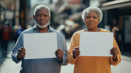 Elderly couple holding blank signs while standing in a busy urban environment during the daytime