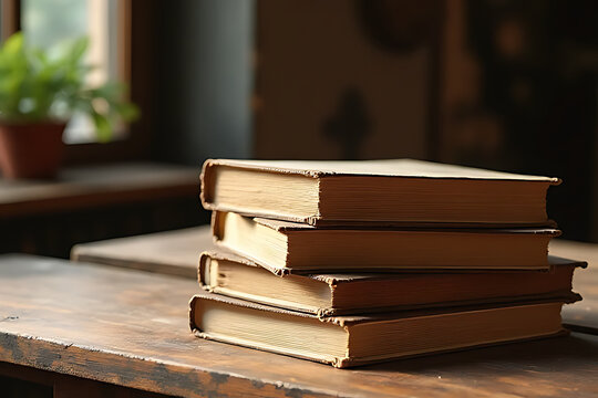 A neat stack of vintage books placed on a rustic wooden table in warm natural lighting