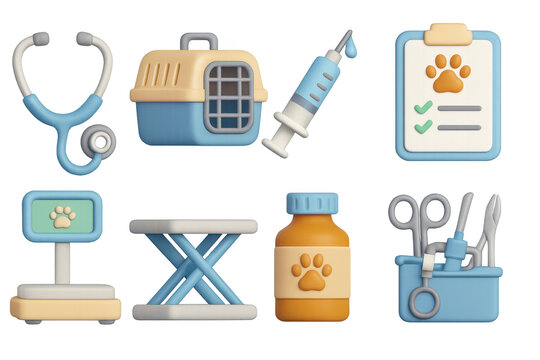 3d veterinary supplies and equipment icons set for pet care themes