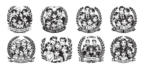 Happy families gathered in circular laurel wreaths family people