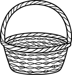 Obraz premium Woven basket with handle simple empty hand basket, decorative pattern outline illustration for coloring and crafts