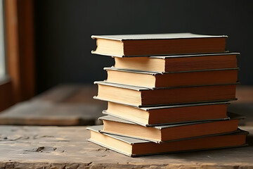 A neat stack of vintage books placed on a rustic wooden table in warm natural lighting 