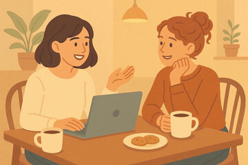 Cozy Conversation Over Coffee and Laptops: Two Friends Connect