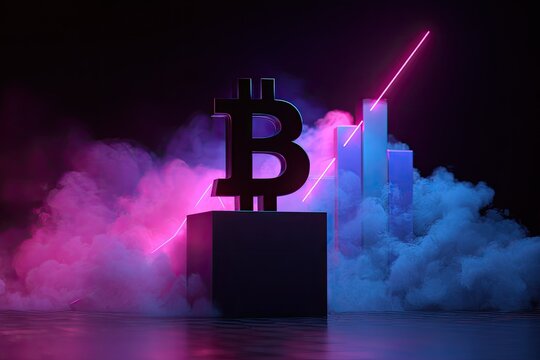 Neon Bitcoin Symbol on a Platform with Chart