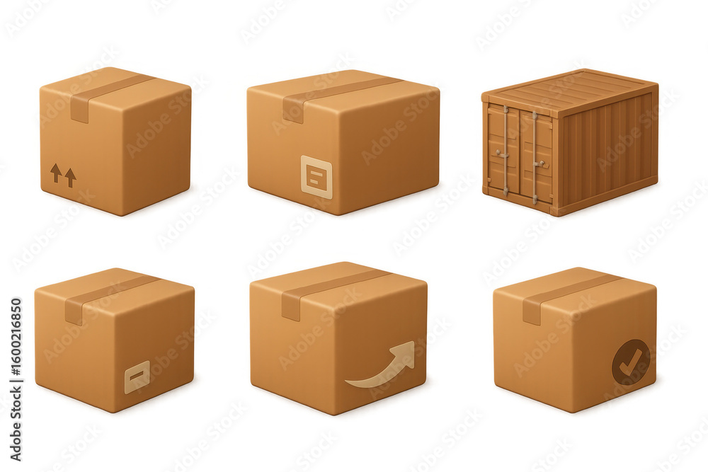 Poster collection of 3d cardboard boxes and shipping container on transparent background