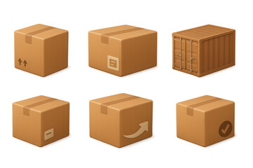 Fototapeta premium Collection of 3d cardboard boxes and shipping container on transparent background