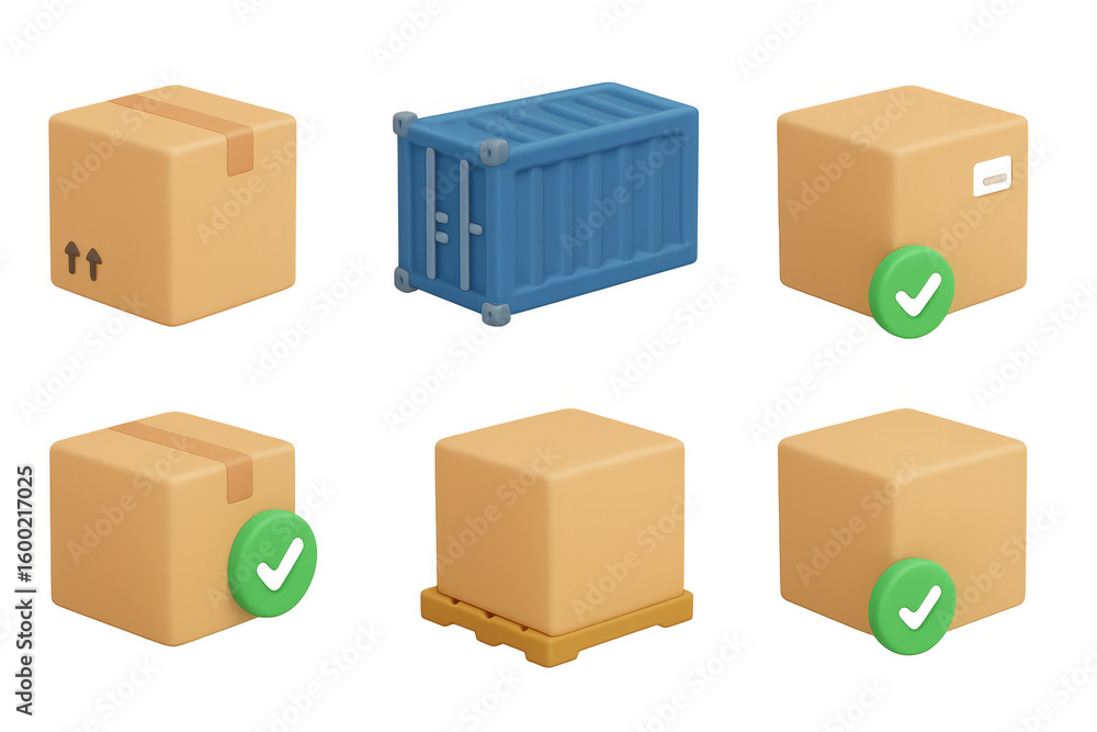 Poster 3d shipping icons set: cardboard boxes and container with tracking symbols