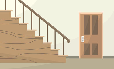 Empty interior with stairs, railings and door. Hallway or hall. House interior.