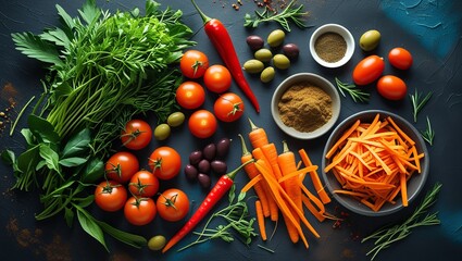 Fresh organic vegetables including ripe tomatoes and green leafy ingredients are naturally arranged on a rustic wooden background