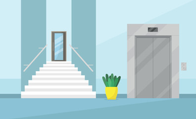 Interior of a corridor with an elevator and a door. Premises in a business center, medical center.