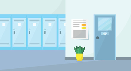School hallway interior with door, lockers, plant and newspaper. Hallway or hall. Empty interior.