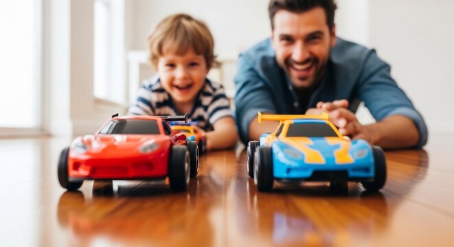 Happy father and son playing with toy cars on the floor. Family time fun for Father's Day, childhood memories, and promoting quality bonding. Toy cars race together. 