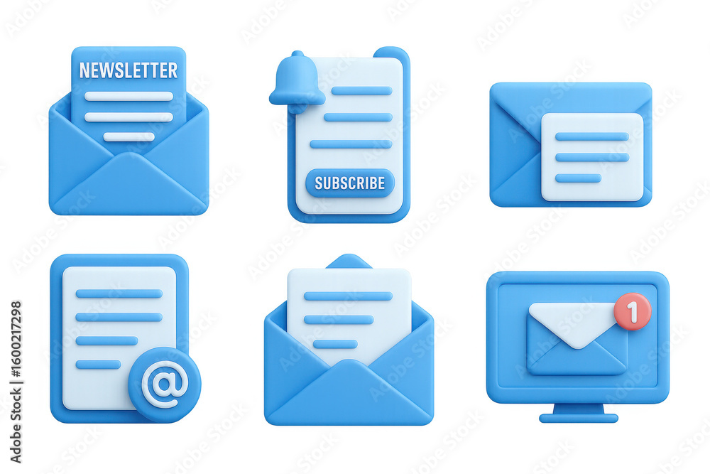 Poster blue 3d email icons set with envelopes and message notifications