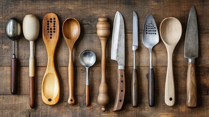 Wooden and metal kitchen utensils including spoons ladles knives and rolling pins placed on natural surfaces representing timeless cooking tools and rustic home kitchens
