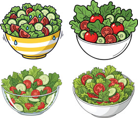 Fresh Salad Bowl with Lettuce, Tomato, and Cucumber &ndash; Healthy Vegetarian Food Illustration