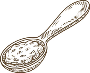 Wooden spoon with heaped powder, hand drawn sketch vintage kitchen utensil, culinary ingredient illustration