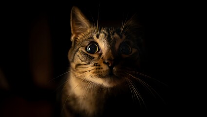 Tabby cat face with wide eyes in darkness feline animal