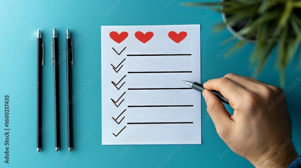 Poster business performance checklist, businessman using laptop to check and approve project documents for 