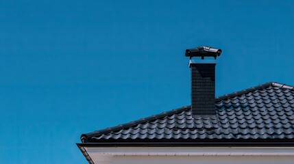 Close-up view of a modern house roof with black tiles and chimney under a clear blue sky displaying new construction elements and architectural detail