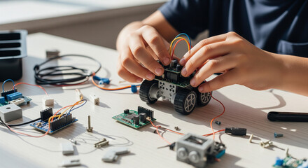 Close-up of Child Building DIY Robot Car with Electronic Components