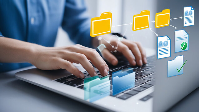 Image is a digital composite featuring a person typing on a laptop, with a focus on the hands. The individual has light skin and is wearing a blue shirt. - Powered by Adobe