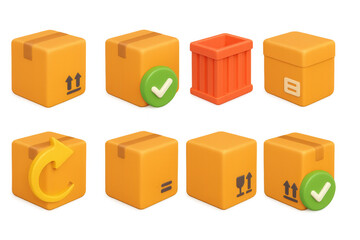 Fototapeta premium Colorful 3d icon set of delivery boxes with symbols for logistics and shipping