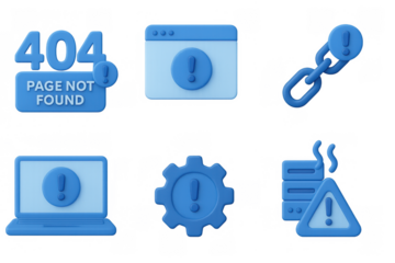 Blue 3d error icons set with page not found and alert symbols