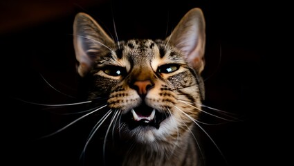 Tabby cat with open mouth and whiskers feline animal
