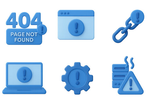 Blue 3d error icons set with page not found and alert symbols