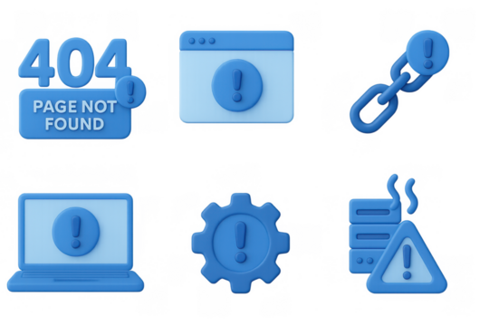 Blue 3d error icons set with page not found and alert symbols - Powered by Adobe