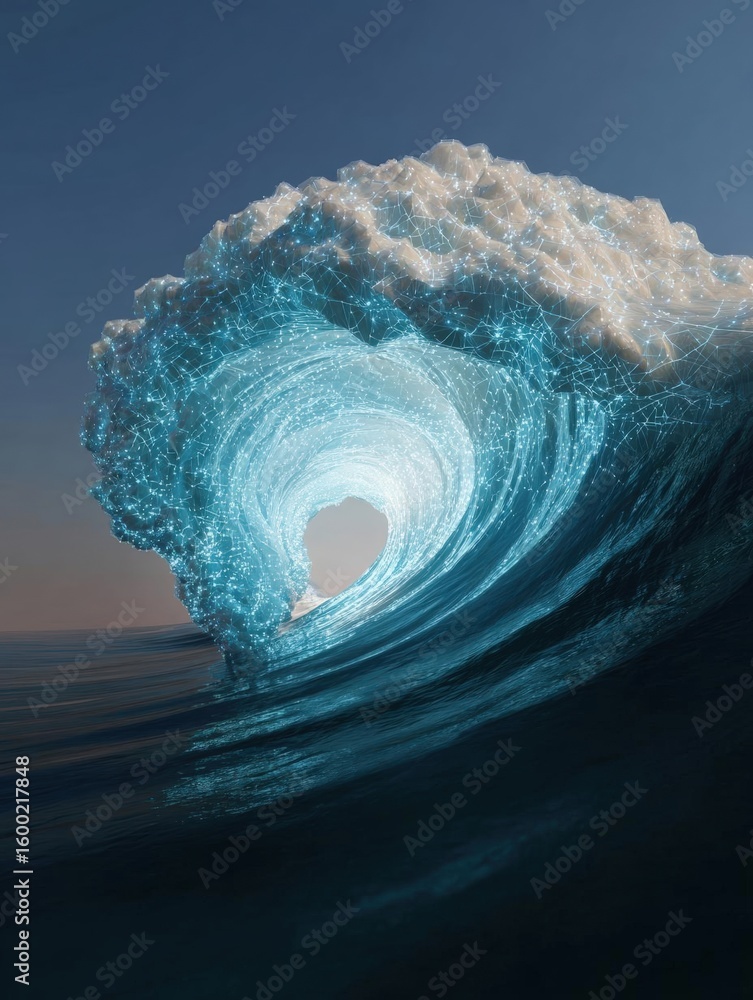 Poster digital art piece that appears to be a wave breaking in the ocean. the wave is large and powerful, w
