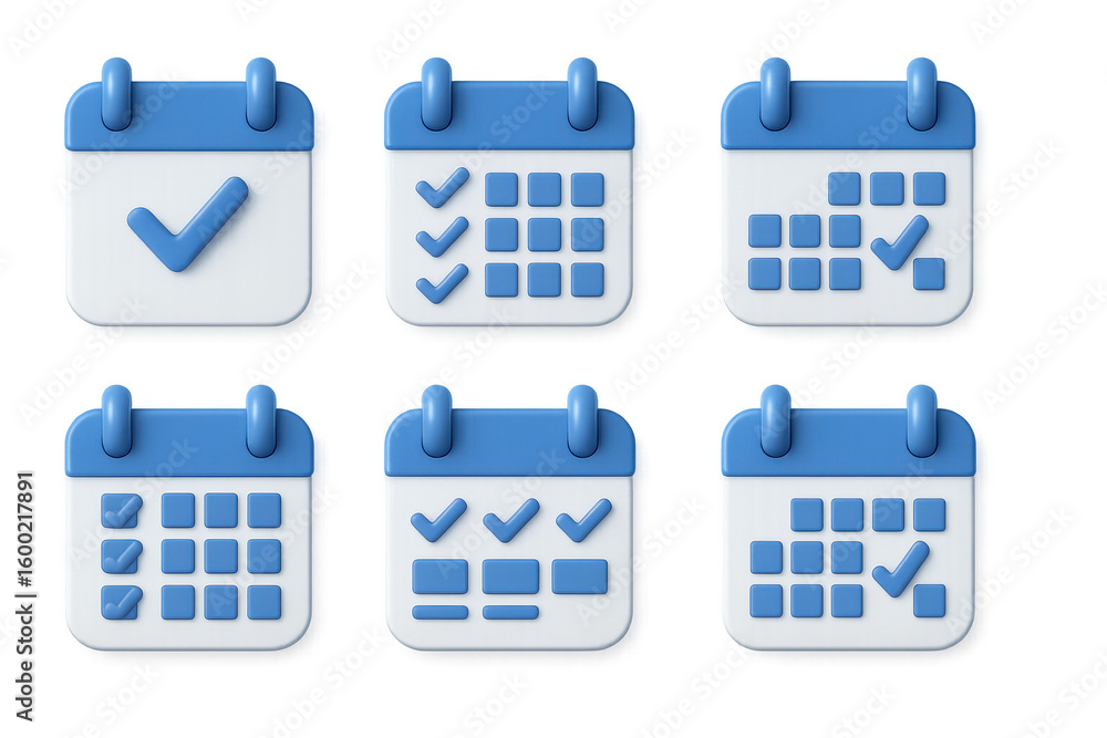 Poster 3d calendar icons with checkmarks for task management and scheduling