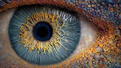 Biometric eye close-up highlights intricate patterns and colors associated with human identification technology