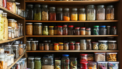 Obraz premium An Organized Pantry Displaying Various Jars of Ingredients, Spices, and Condiments on Wooden Shelving