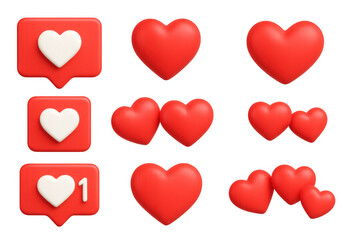 3d red heart icons and social media likes set for digital interaction