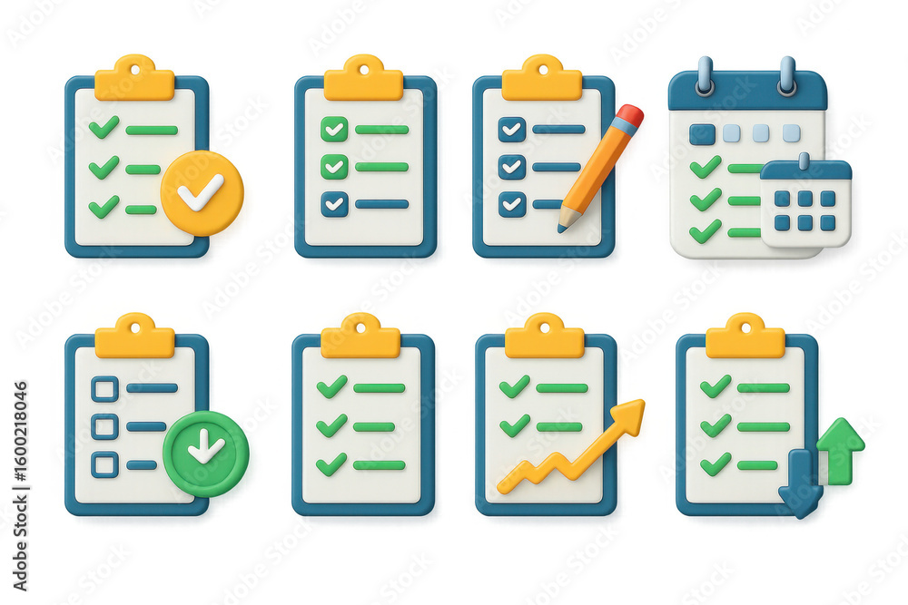 Aufkleber 3d checklists and calendars with icons for task management