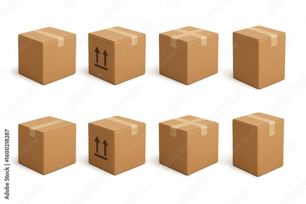 Poster set of cardboard boxes with different sealing styles on white background
