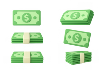 Cartoon style money stacks and dollar bills in various arrangements for financial themes
