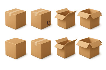Cardboard boxes in different states: closed, open, taped, and unsealed